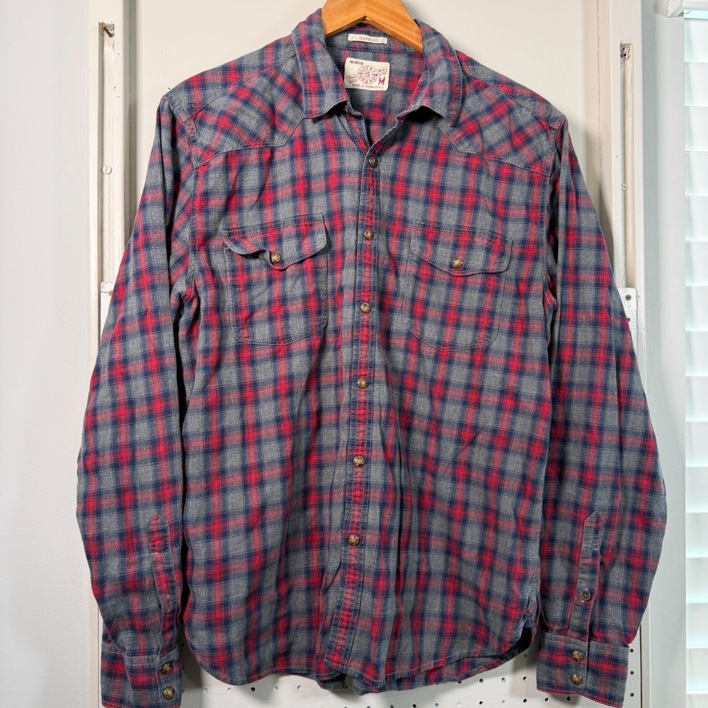 Lucky Brand Button-Up Shirt Men's Red Gray Plaid Pearl Snap Western - Medium